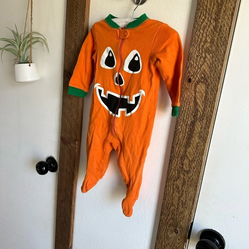 Adorable Pumpkin Jack O Lantern Zip Cotton Footies Sleep and Play 3-6 Months EUC